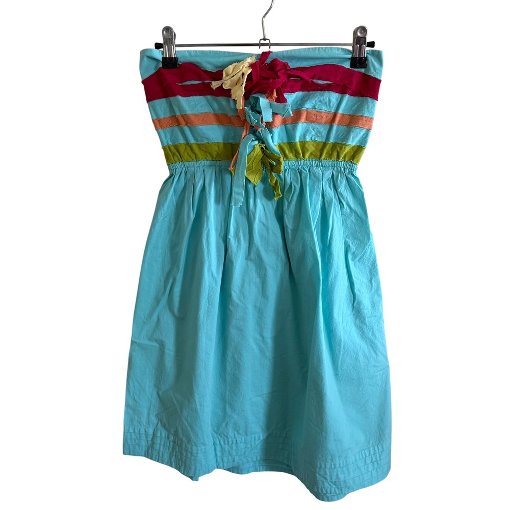 Judith‎ March Turquoise Blue Striped Strapless Smocked Mini Dress Womens Cotton